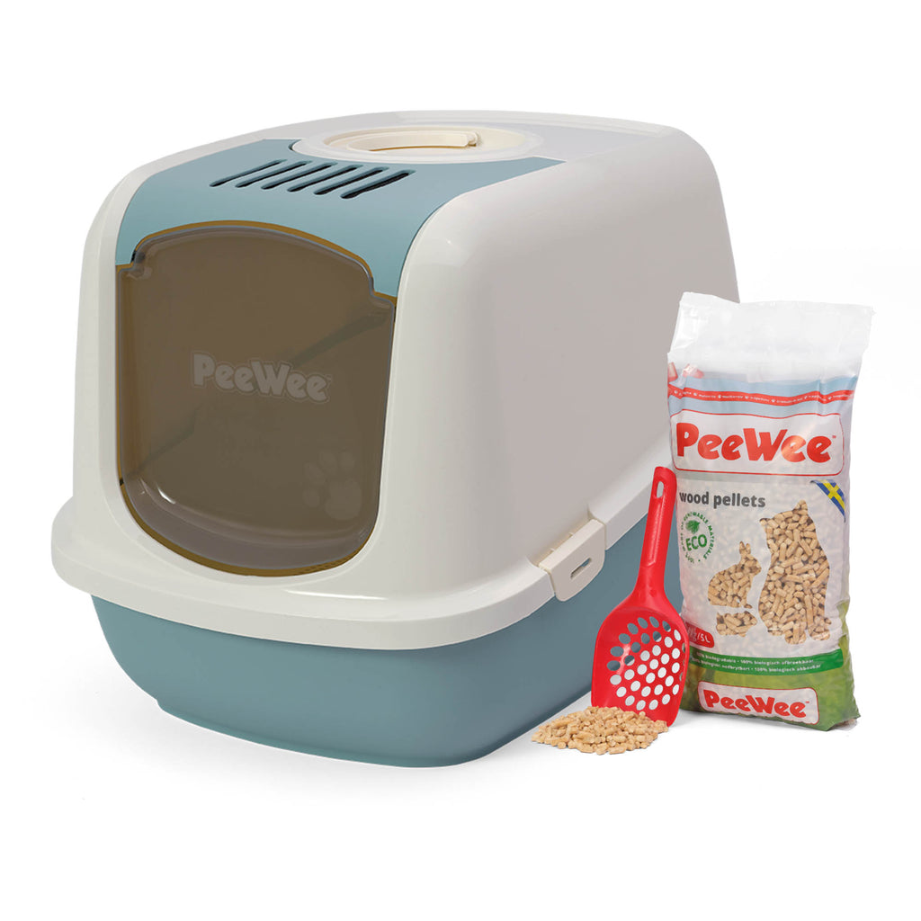 PeeWee EcoDome XXL kuweta z obudową, gołębi błękit – zestaw startowy + 3 kg żwirku (peletu) drzewnego