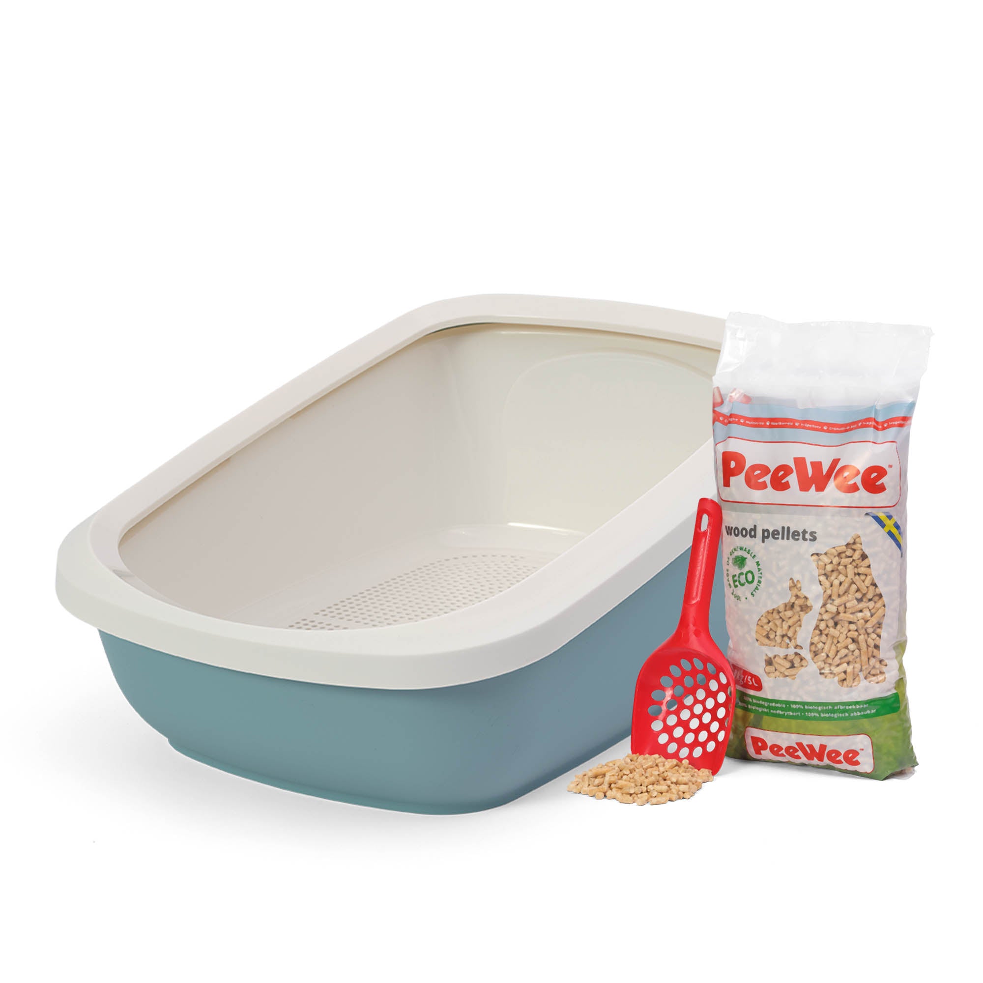 PeeWee EcoGranda XXL otwarta kuweta, gołębi błękit – zestaw startowy + 3 kg żwirku (peletu) drzewnego