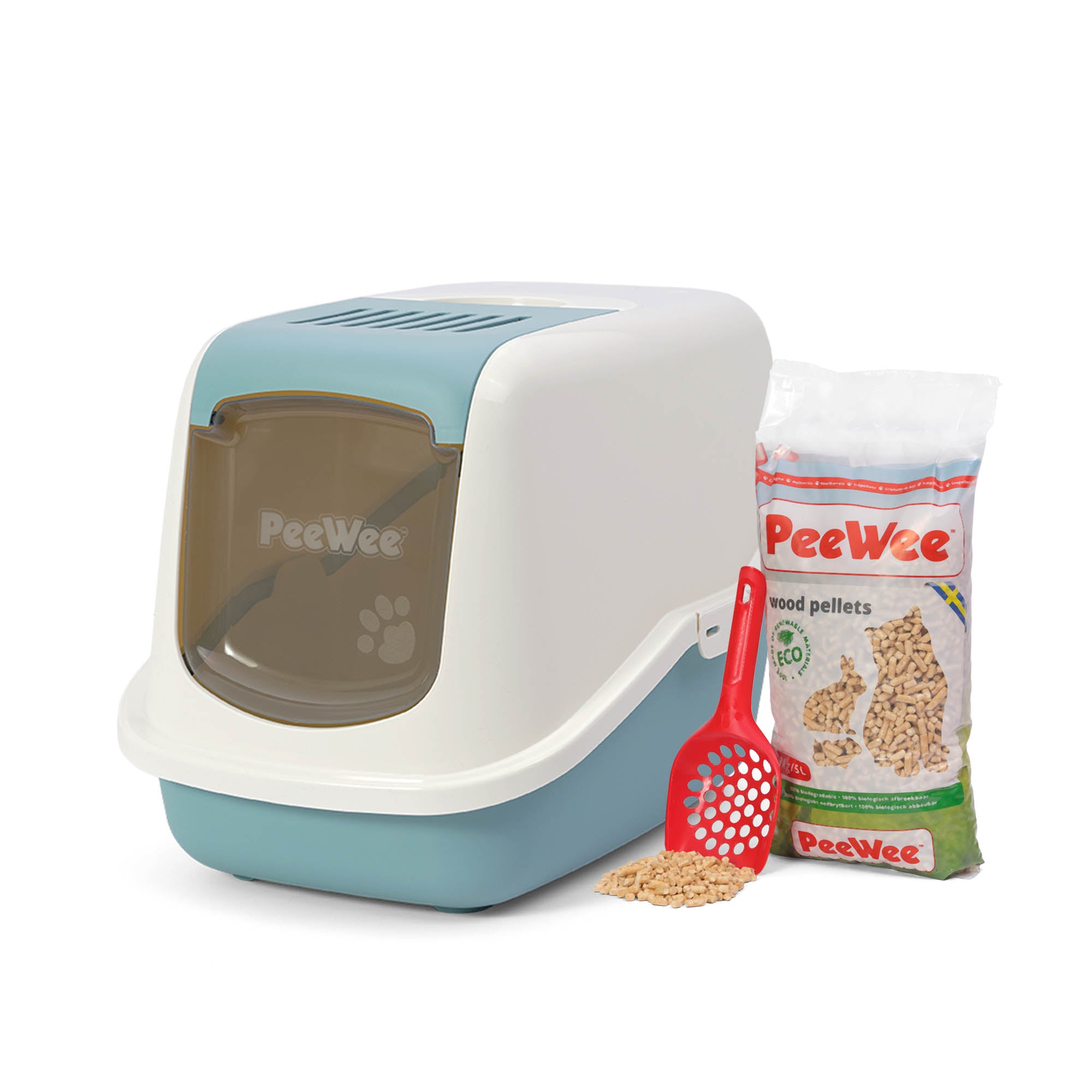 PeeWee EcoHus kuweta z obudową, gołębi błękit – zestaw startowy + 3 kg żwirku (peletu) drzewnego