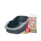 PeeWee EcoMinor otwarta kuweta, szary – zestaw startowy + 3 kg żwirku (peletu) drzewnego