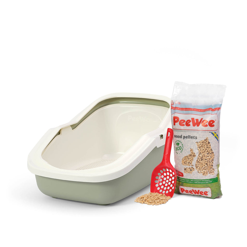 PeeWee EcoMinor otwarta kuweta, szałwiowa – zestaw startowy + 3 kg żwirku (peletu) drzewnego