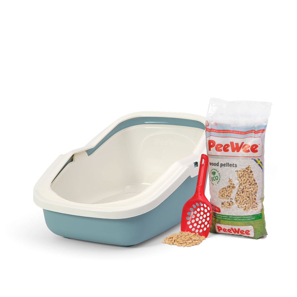 PeeWee EcoMinor otwarta kuweta, gołębi błękit – zestaw startowy + 3 kg żwirku (peletu) drzewnego