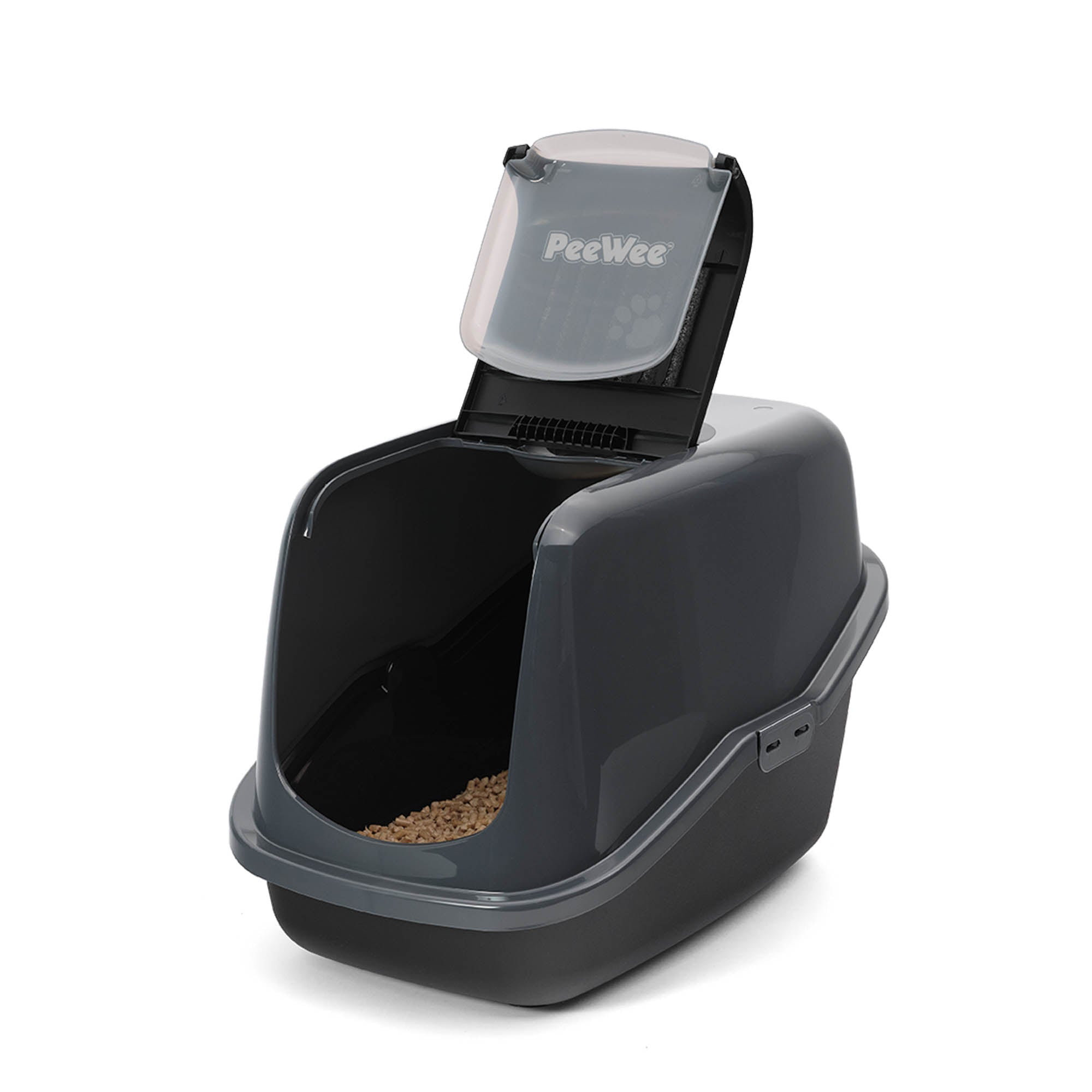 PeeWee EcoHus kuweta z obudową, antracytowo-czarny – zestaw startowy + 3 kg żwirku (peletu) drzewnego
