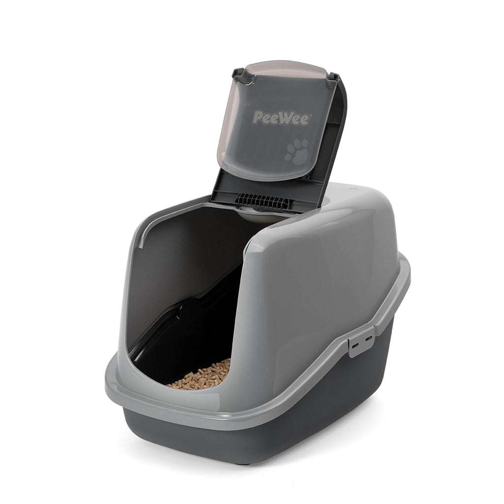 PeeWee EcoHus kuweta z obudową, szary – zestaw startowy + 3 kg żwirku (peletu) drzewnego