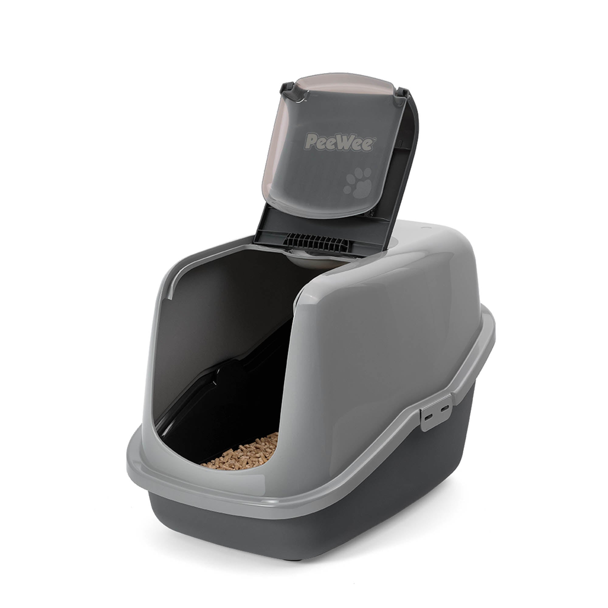 PeeWee EcoHus kuweta z obudową, szary – zestaw startowy + 3 kg żwirku (peletu) drzewnego