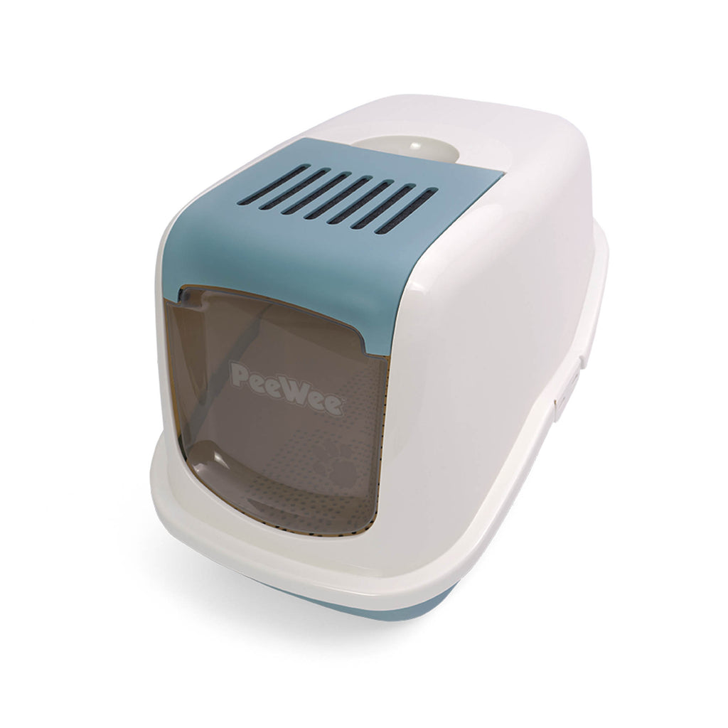 PeeWee EcoHus kuweta z obudową, gołębi błękit – zestaw startowy + 3 kg żwirku (peletu) drzewnego